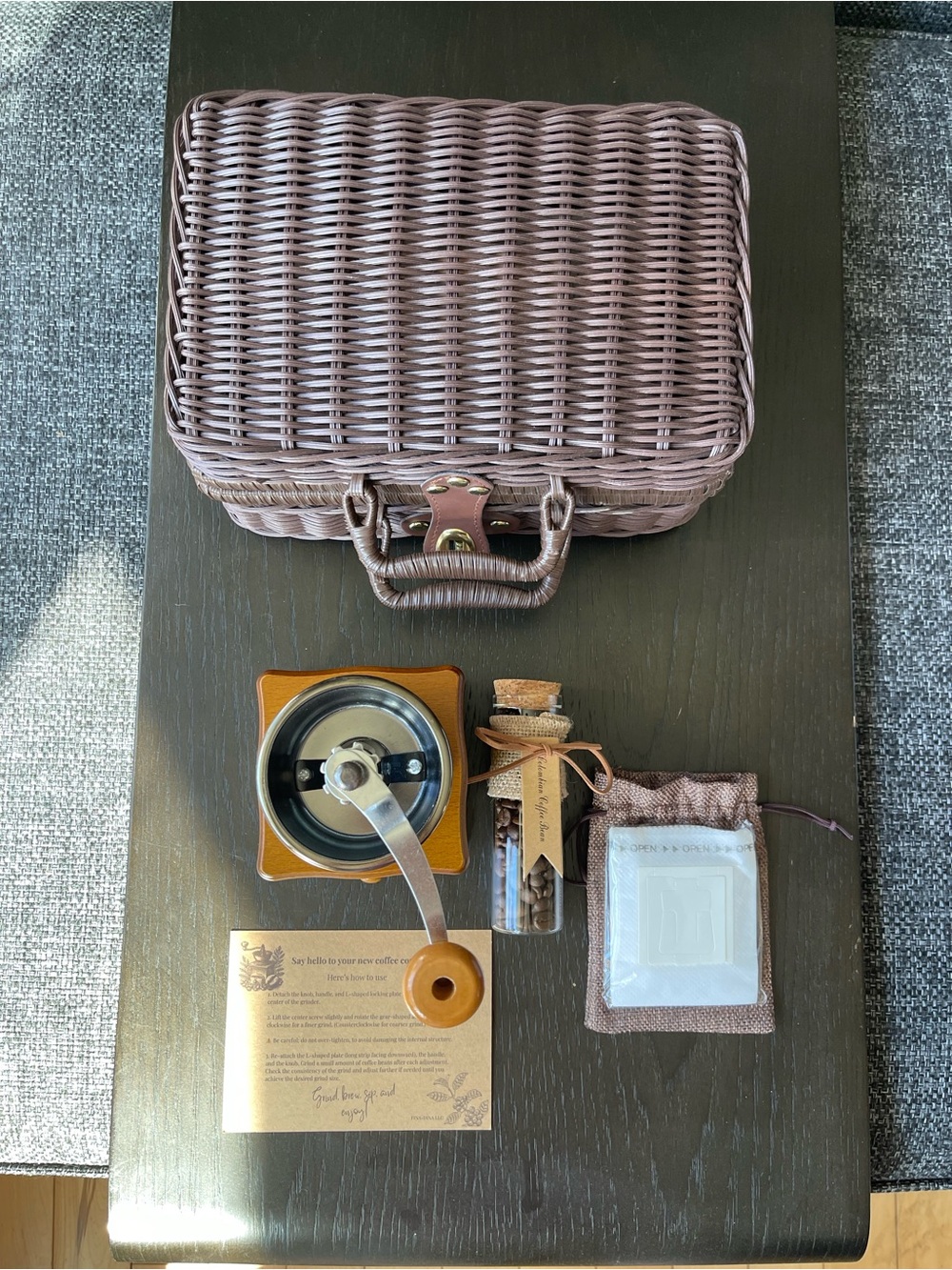 Woven Picnic Basket with Brown Coffee Grinder and Accessories